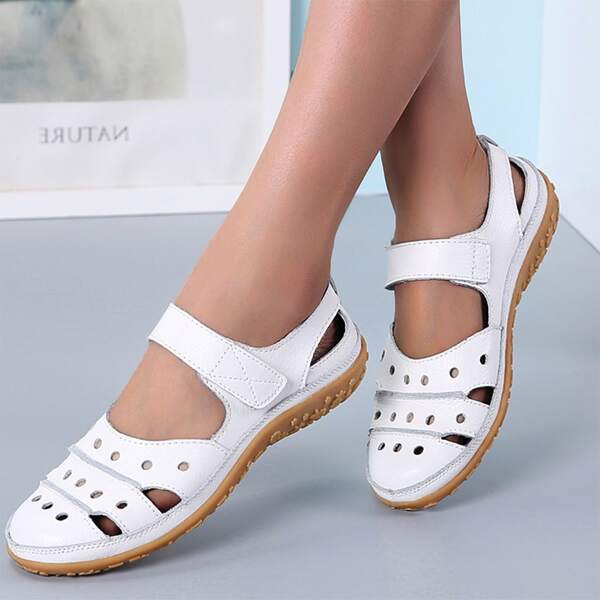 

Hollow Out Velcro Strap Sandals, White