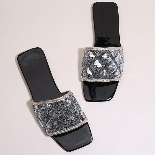 

Sequin & Glitter Decor Slide Sandals, Silver