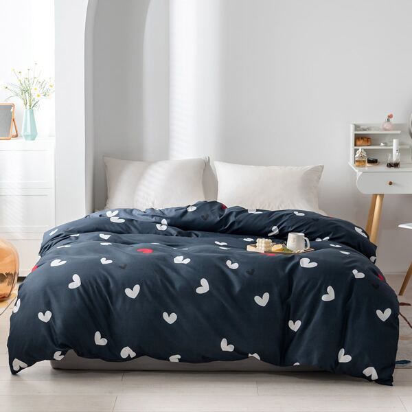

Heart Print Duvet Cover Without Filler, Black