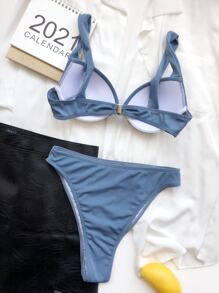 Bộ bikini cạp cao có gọng Rib cho kỳ nghỉ hè ở bãi biển - Màu xanh bụi bặm - Xem 2