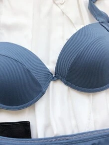 Bộ bikini cạp cao có gọng Rib cho kỳ nghỉ hè ở bãi biển - Màu xanh bụi bặm - Xem 3