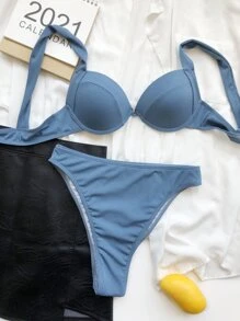 Bộ bikini cạp cao có gọng Rib cho kỳ nghỉ hè ở bãi biển - Màu xanh bụi bặm - Xem 5