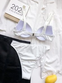 罗纹聚拢上衣和高腰下装比基尼套装，适合夏季海滩度假 - 白色 - 查看 2