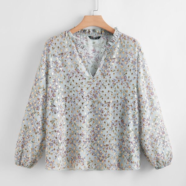 

Plus Gilding Polka Dot Plants Print Frill Trim Blouse, Multicolor