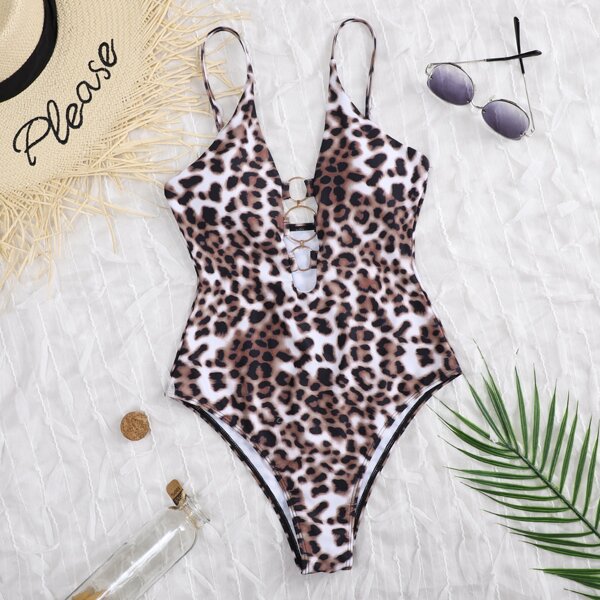

Leopard Ring Linked One Piece Swimsuit, Multicolor
