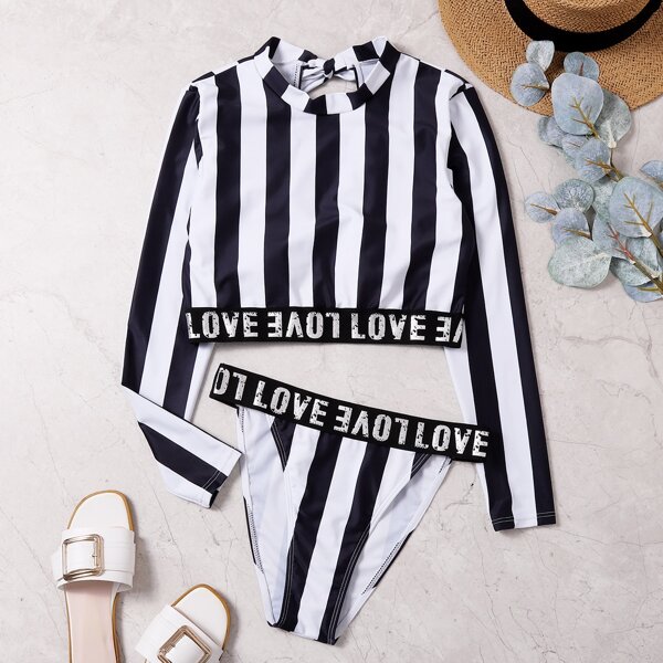 

Striped Letter Tape Bikini Swimsuit, Black and white