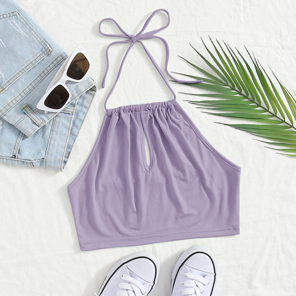 

Keyhole Front Crop Halter Top, Purple