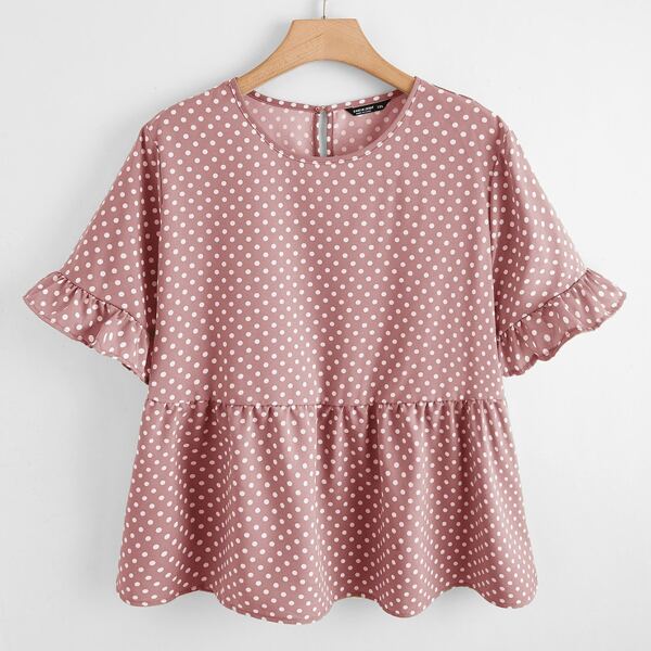 

Plus Polka Dot Ruffle Hem Blouse, Dusty pink