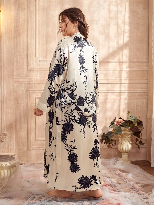 Plus Satin Floral Belted Split Hem Robe | SHEIN USA