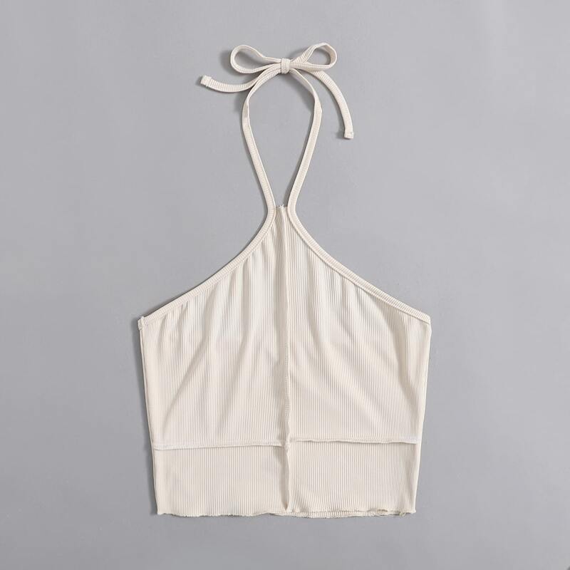 

Solid Ribbed Halter Crop Top, Beige