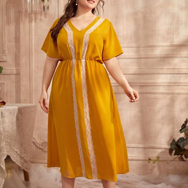 

Plus Contrast Lace V Neck Night Dress, Mustard yellow