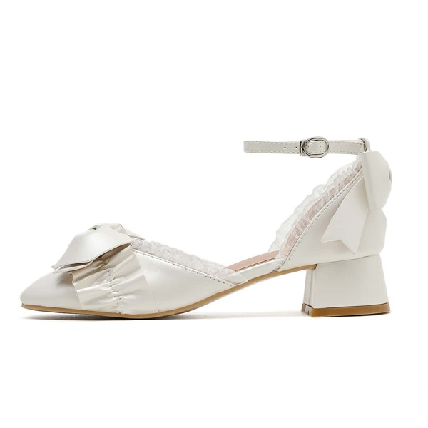 

Bow Decor Ankle Strap Chunky Pumps, Beige