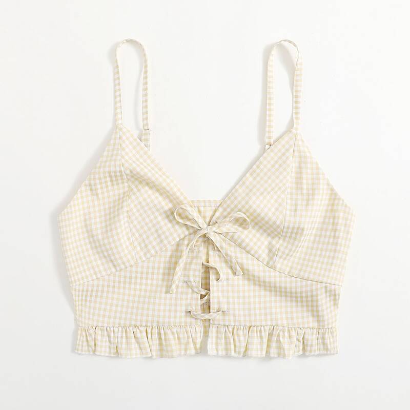 

Gingham Lace Up Frill Crop Cami, Multicolor