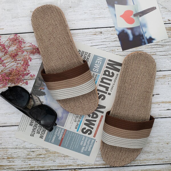 

Men Striped Open Toe Slippers, Brown