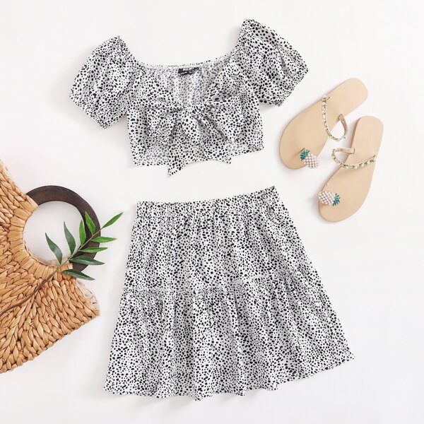 

Tie Front Dalmatian Print Top & Frill Trim Skirt Set, Black and white