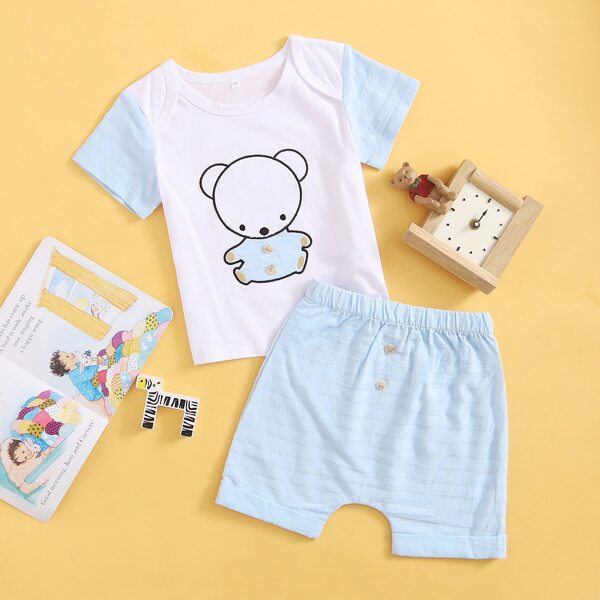 

Baby Boy Cartoon Embroidery Tee With Shorts, Blue and white