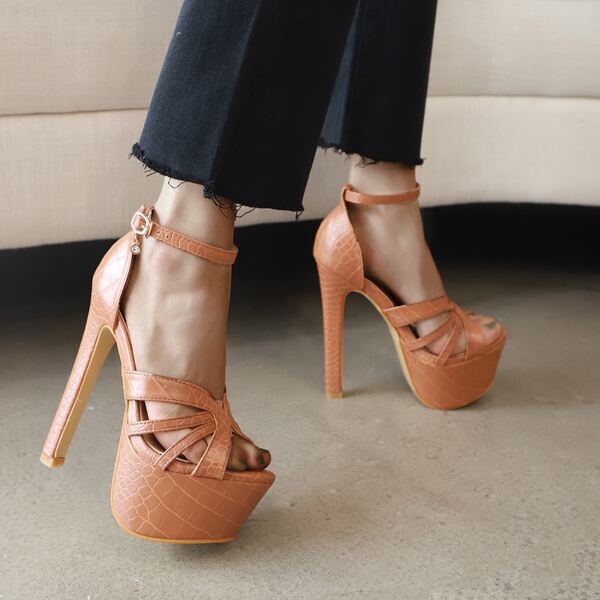 

Croc Embossed Stiletto Heeled Platform Sandals, Brown