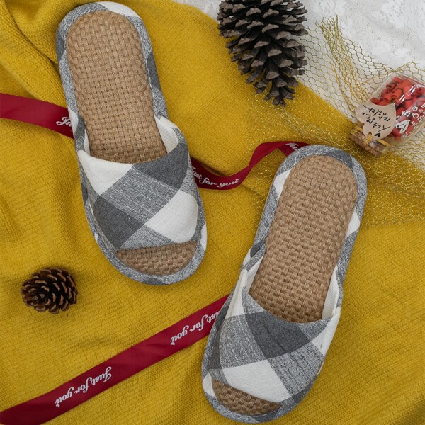 

Men Plaid Pattern Open Toe Slippers, Grey