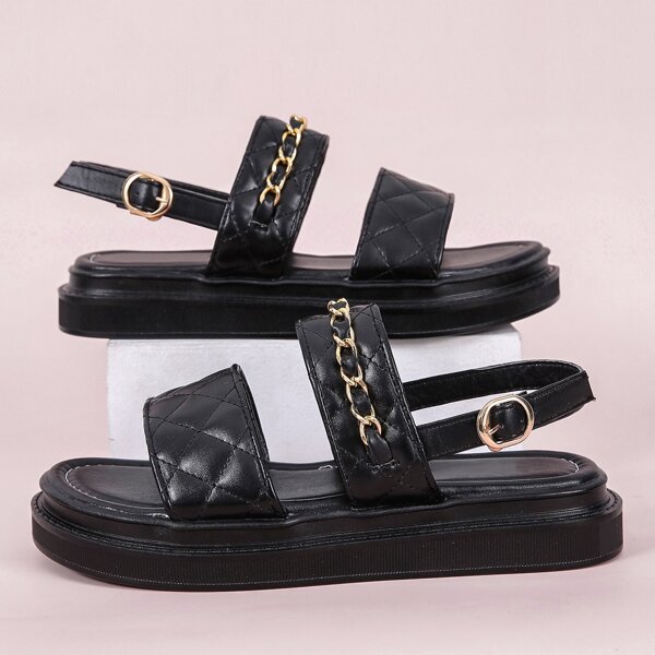 

Chain Decor Quilted Slingback Sandals, Black