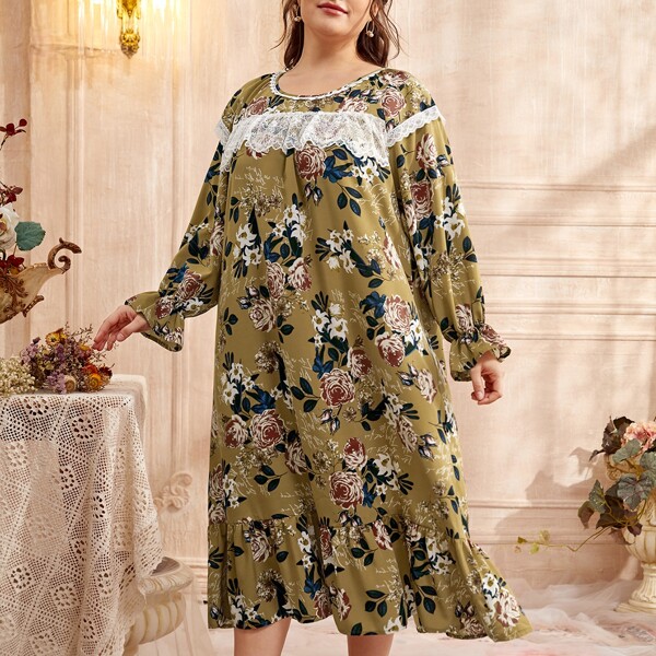 

Plus Floral Print Lace Trimed Ruffle Hem Night Dress, Multicolor
