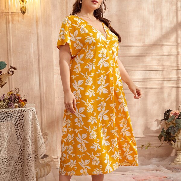 

Plus Floral Print Night Dress, Yellow
