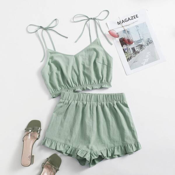 

Knot Strap Ruffle Hem Cami Top & Shorts Set, Mint green