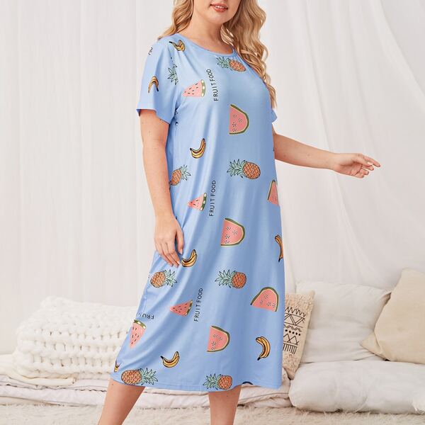 

Plus Fruit And Letter Graphic Night Dress, Baby blue