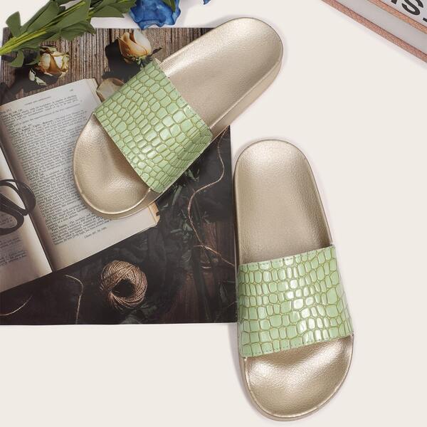 

Textured Open Toe Slides, Green