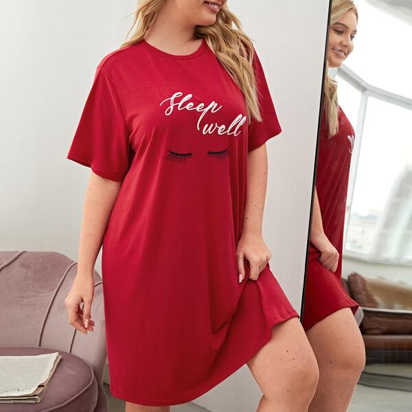 

Plus Letter And Eyelash Print Night Dress, Burgundy