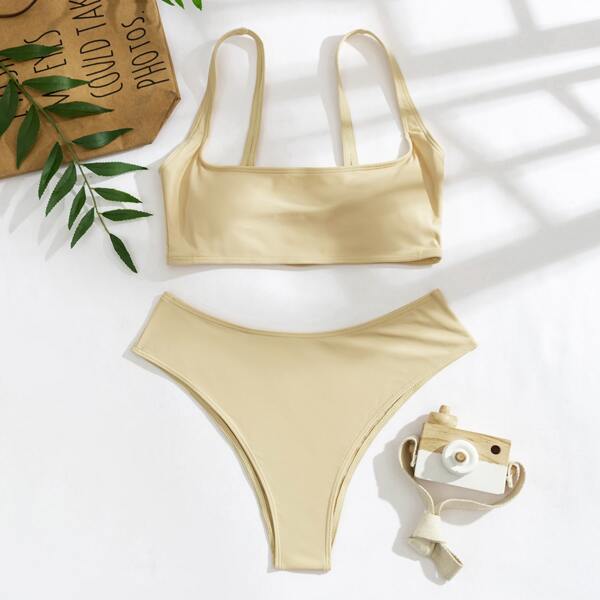 

Solid High Cut Bikini Swimsuit, Khaki