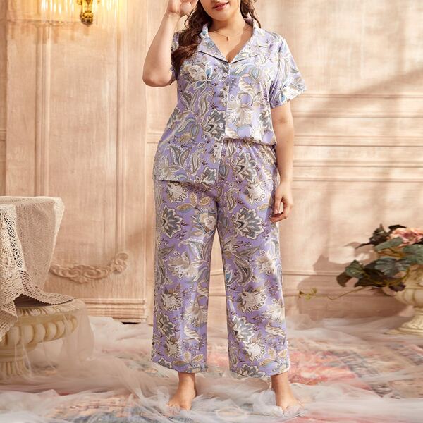 

Plus Floral Print Lapel Collar Button Front PJ Set, Multicolor