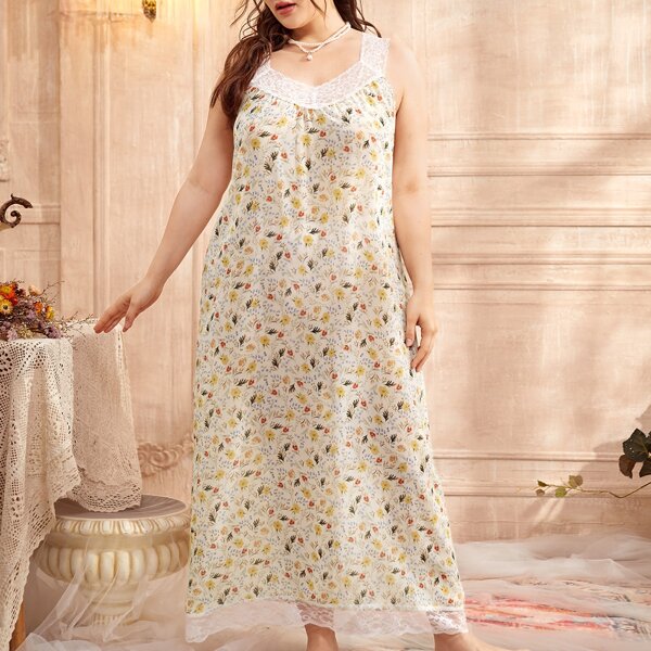 

Ночная рубашка размера плюс с цветочным принтом и кружевом, Многоцветный