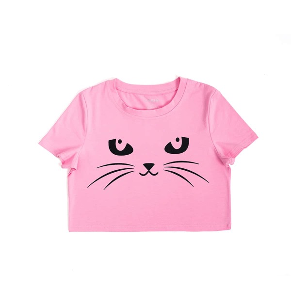 

Cartoon Cat Print Tee, Pink