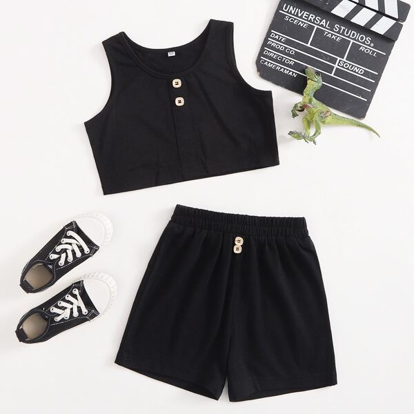 

Toddler Girls Button Front Tank Top With Shorts, Black