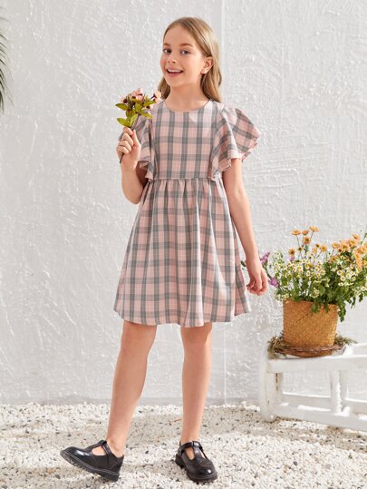 SHEIN Girls Plaid Butterfly Sleeve Dress