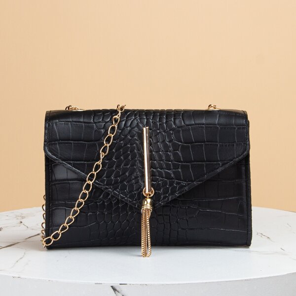 

Metal Tassel Decor Croc Embossed Flap Chain Bag, Black