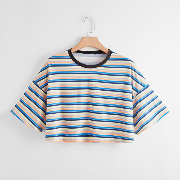 

Plus Striped Print Drop Shoulder Crop Tee, Multicolor