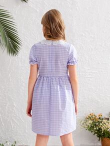 SHEIN 女孩格紋拼接蕾絲泡泡袖洋裝