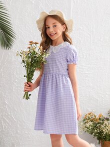 SHEIN 女孩格紋拼接蕾絲泡泡袖洋裝