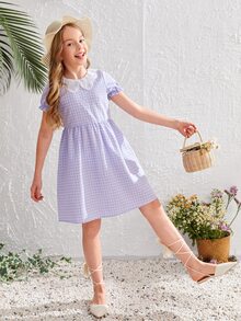 SHEIN 女孩格紋拼接蕾絲泡泡袖洋裝
