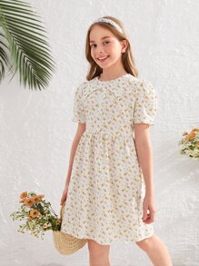 SHEIN 女孩小碎花泡泡袖紐扣連衣裙 - 彩色 - 查看 1