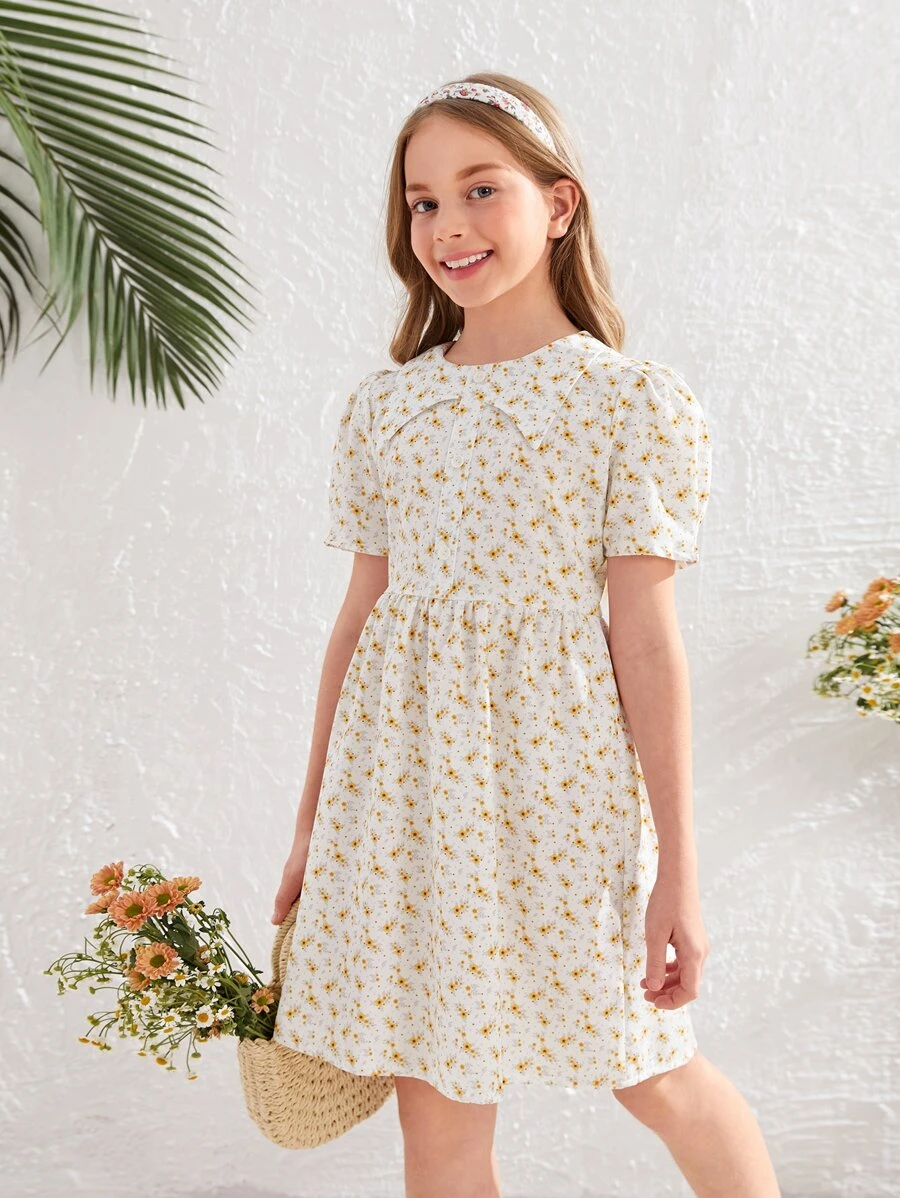 SHEIN 女孩小碎花泡泡袖紐扣連衣裙 - 彩色 - 查看 1