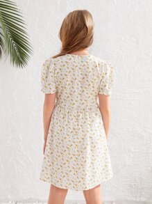 SHEIN 女孩小碎花泡泡袖紐扣連衣裙 - 彩色 - 查看 2