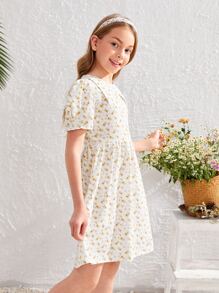 SHEIN 女孩小碎花泡泡袖紐扣連衣裙 - 彩色 - 查看 3