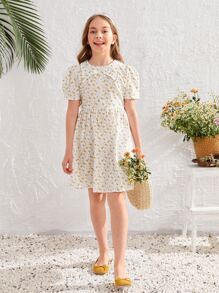 SHEIN 女孩小碎花泡泡袖紐扣連衣裙 - 彩色 - 查看 4