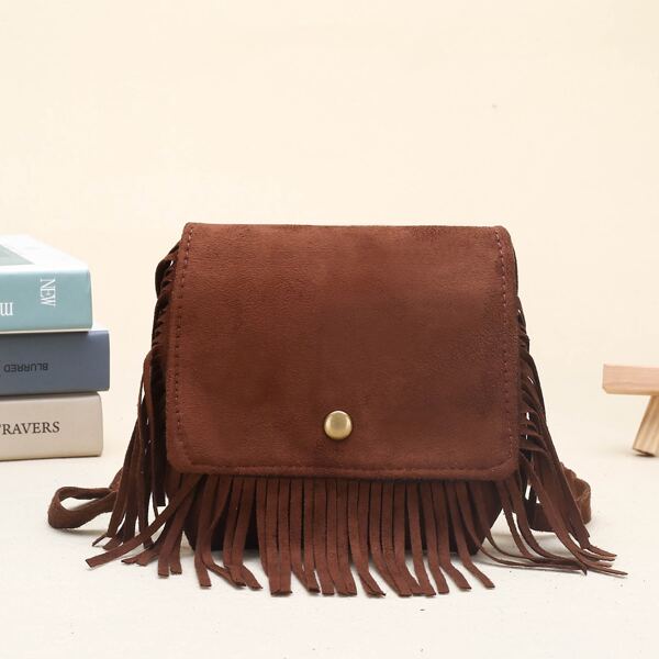 

Girls Fringe Trim Flap Crossbody Bag, Brown