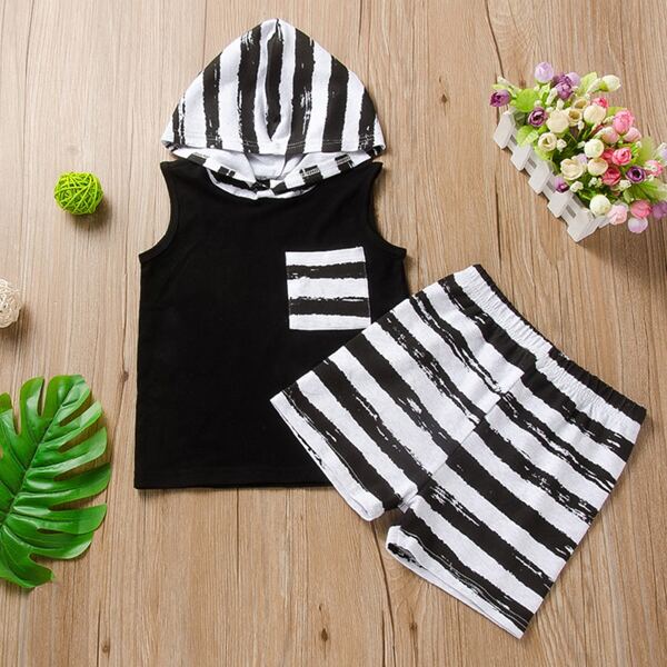 

Toddler Boys Striped Hooded Tank Top & Shorts, Black and white