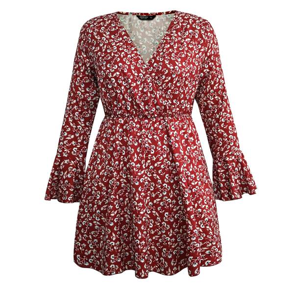 

Plus Ditsy Floral Surplice Front Flounce Sleeve Dress, Red