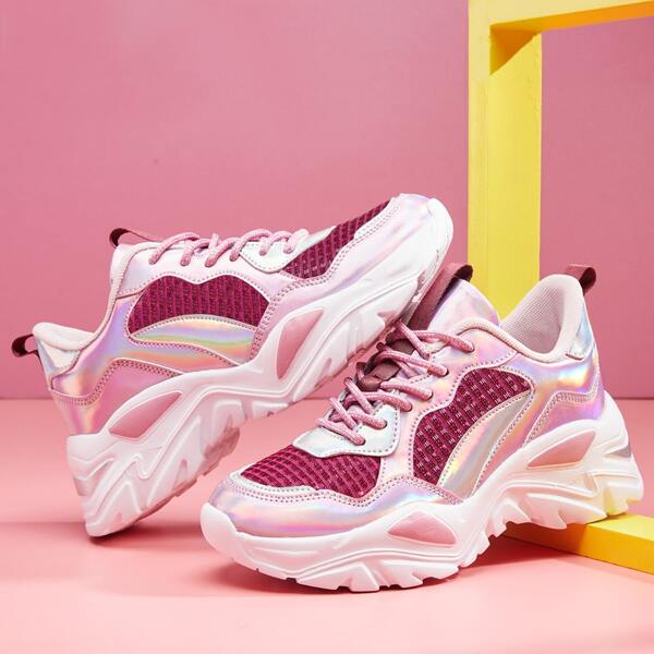 

Holographic Mesh Panel Lace-up Front Chunky Sneakers, Purple