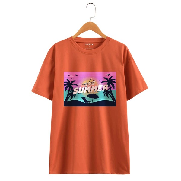 

Letter & Tropical Print Tee, Burnt orange